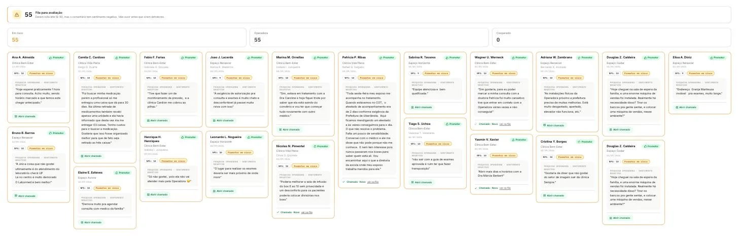 GrowMetrics: lista de promotores com comentários negativos, filtros e contexto de cada avaliação.